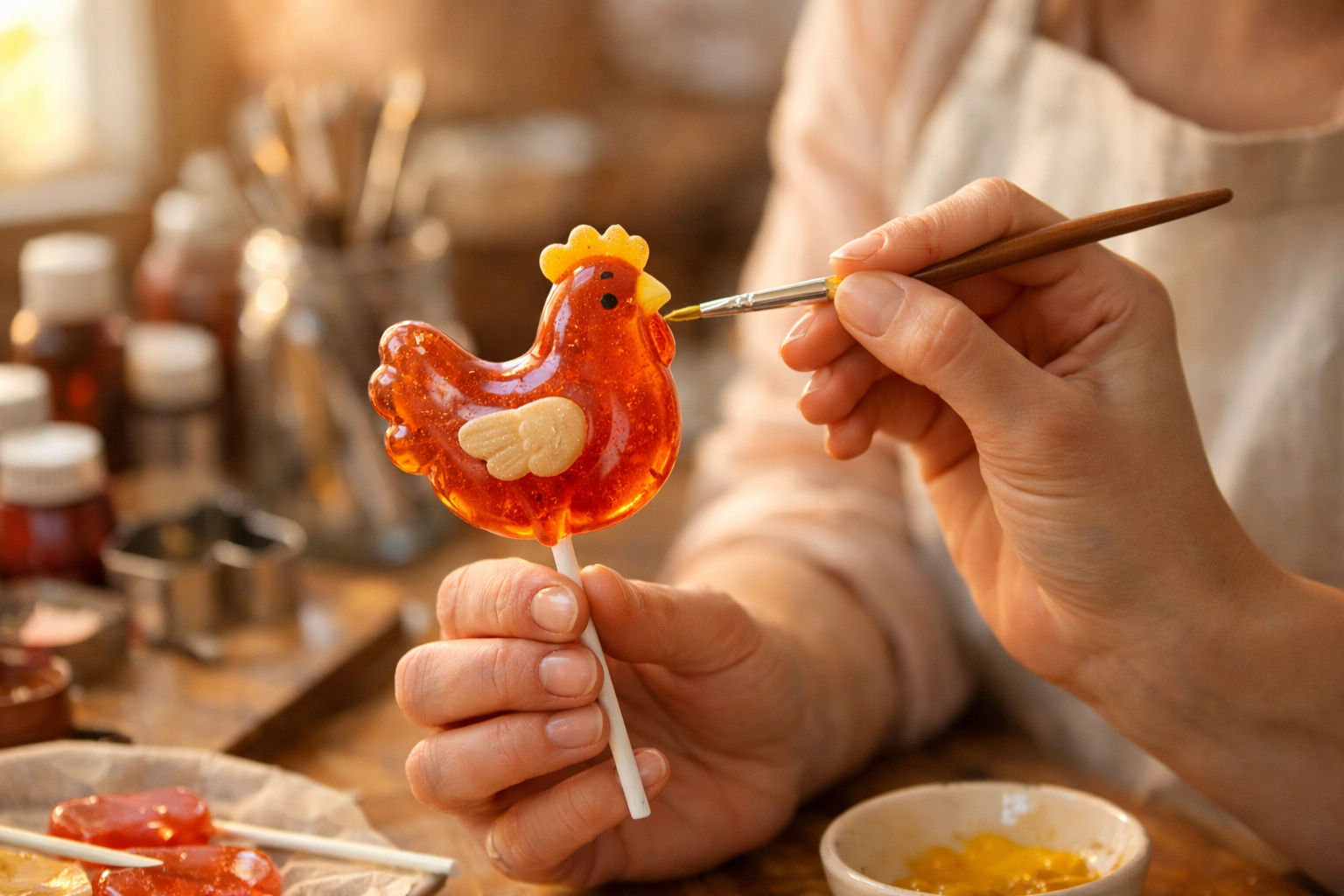 Artisan carefully decorating a ChickPop by hand
